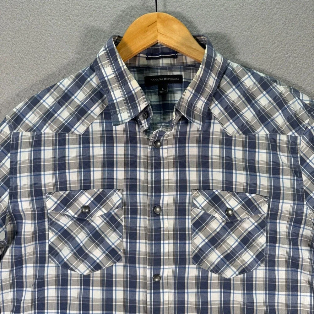 Banana Republic Pearl Snap Shirt‎ Mens Large Blue Plaid Flap Pockets Comfort
